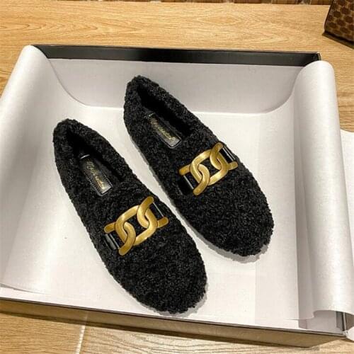 Womens Shoes Winter Flats Loafers Fashion Leather Brand Womens Designer Flat Ladies Fur Shoes Woman Luxury Female Footwear