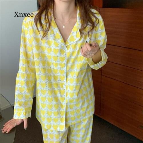 2021 Spring and Autumn 2-Piece Long-Sleeved Pajamas Women Trousers Pajamas Heart-Shaped Print Home Service