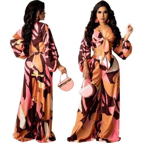 Two Piece Set Women Fall Fashion Sexy Beach Wind Printing Strapless Lace Up Long Sleeve Casual Pants Sets Wholesale Dropshipping