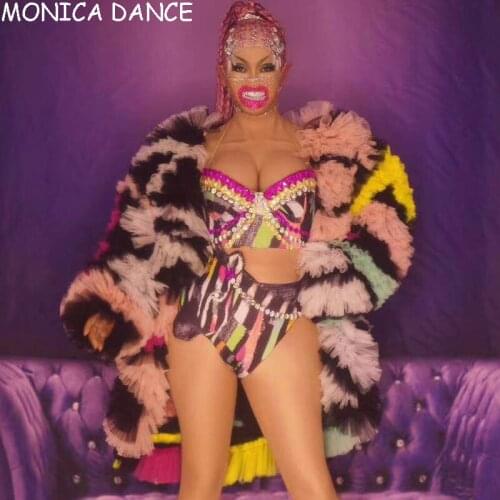 Women Stage Sexy Nightclub Bar Djds Outfit Dance Costume Rhinestone Graffiti Bra Short Mesh Loose Jacket Coat Streetwear