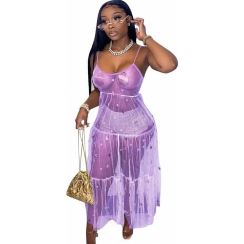 Mesh Cover Up Dress Women Swimsuit Spaghetti Strap Ruffles Patchwork Robes Summer Fashion Sequins Beach Swimwear Bikini Cover Up