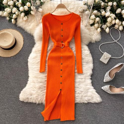 Autumn womens temperament o neck buckle slim waist hips sweater dress womens elastic knitted elegant midi dress female trend
