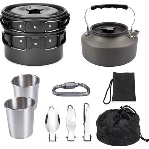 1 Set Outdoor Pots Pans Camping Cookware Picnic Cooking Set Non-stick Tableware With Foldable Spoon Fork Knife Kettle Cup