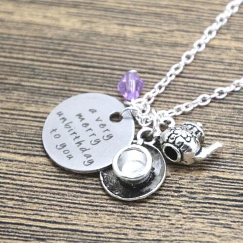 12pcs/lot Alice in Wonderland inspired unbirthday necklace A very merry unbirthday to you Tea Party Fairytale Jewlery