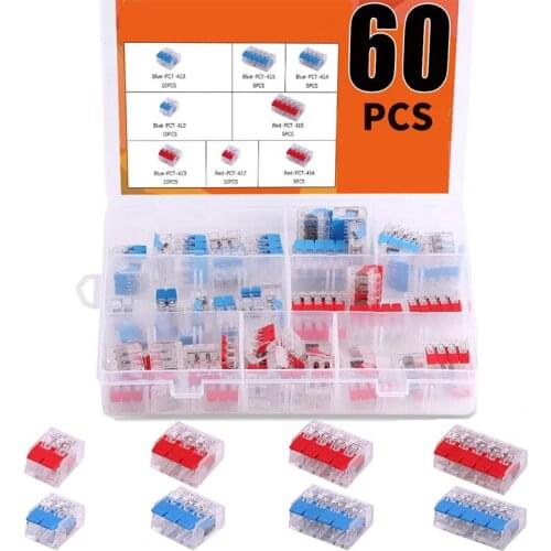 60 Pcs 4 Type Lever Nuts Wire Connector Assortment Pack Conductor Compact Splicing 2 3 4 5 Port Connector Kit with 1 Wire Strip