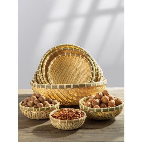 Bamboo woven round dustpan, household kitchen fruit basket, dried fruit snack storage basket, washing vegetable bamboo basket