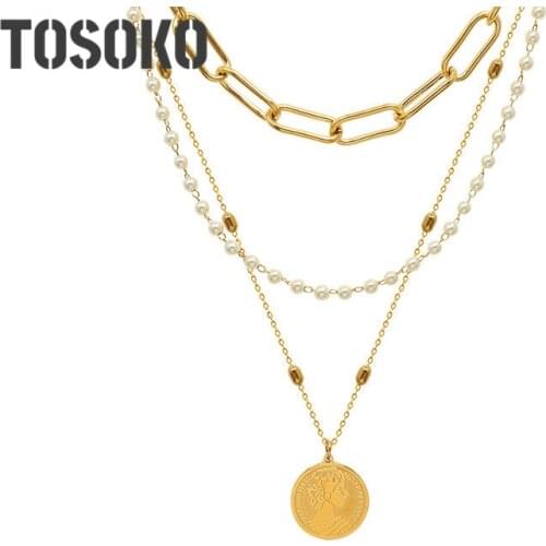 TOSOKO Stainless Steel Jewelry Three Layer Pearl Queen Pendant Necklace Womens Fashion Clavicle Chain BSP1004