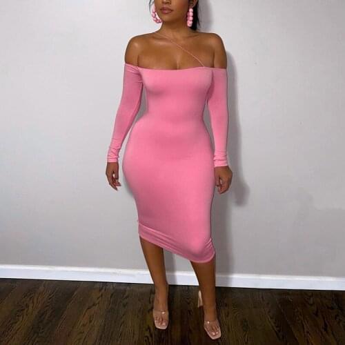 CHRONSTYLE Off Shoulder Short Midi Dress Clubwear Outfits Women Long Sleeve Solid Slash Neck Strap Pencil Dress Female Vestidos