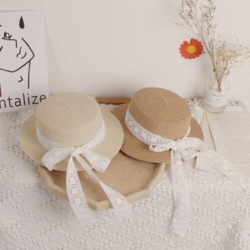 Big along the bowknot childrens straw hat hot models baby girl beach hat handmade hollow lace sun hat
