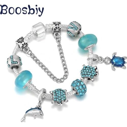 DIY Blue Dolphin & Tortoise Charm Pendants Fit Silver Plated Charm Bracelet For Women Fashion Brand Ocean Style Jewelry Gift