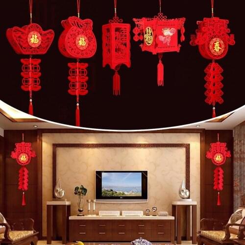 Chinese New Year decorations 3D flocking small FU red lanterns Spring Festival Hanging ornament Potted plant decoration