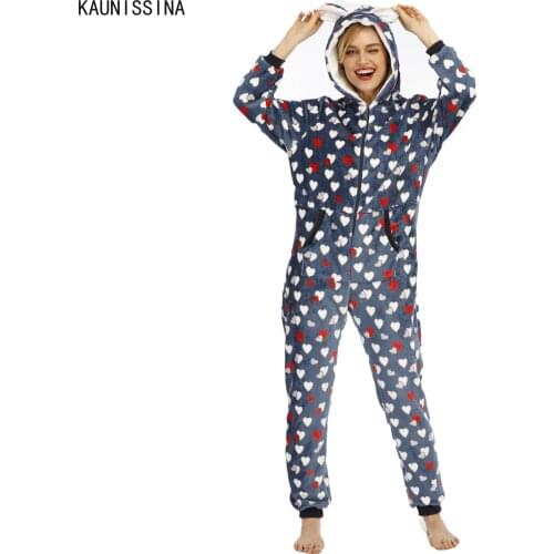 Hooded One-Piece Pajamas Adult Winter Flannel Onesies Sleepwear Christmas Pajama Long Sleeve Pockets Female Lounge Homewear
