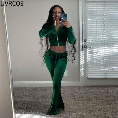 UVRCOS Solid Flocking Two Piece Set Women Zipper Sport Sweatshirt+Straight Female Wide Leg Pants Fit Matching Streetwear Outfits