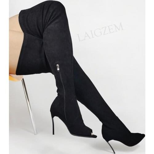 LAIGZEM Women Over Knee Boots Peep Toe Faux Suede Side Zip Stiletto Metal Heels Boots Party Unisex Shoes Woman Big Size 44 46 47