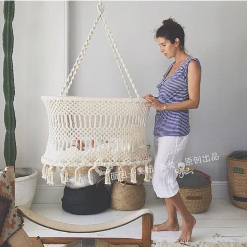 Baby Crib Cradle, Hanging Bassinet and Portable Swing for Baby Nursery Rope Fringe Measures 35" L X 23.25" W X 14" H