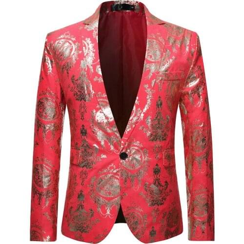 Fashion Red Floral Foil Print Dress Blazer Men Hipster Nightclub Mens Blazer Jacket Party Wedding Tuxedo Blazers Stage Costume