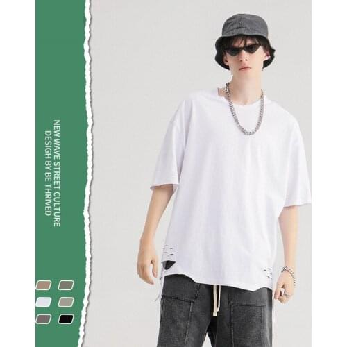 2021 Spring&summer European&American Fashion Drop Shoulder Edging Cut Short-sleeved High Street Holed Linen Cotton Mens T-shirt