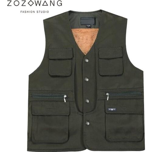 Zozowang autumn winter new high quality brushed short vest men plus size solid casual v neck loose multi pocket waistcoat men