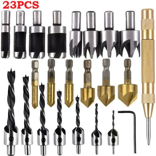 23Pcs Wood Plug Cutter HSS Countersink Drill Bit Set Woodworking Chamfer Tool