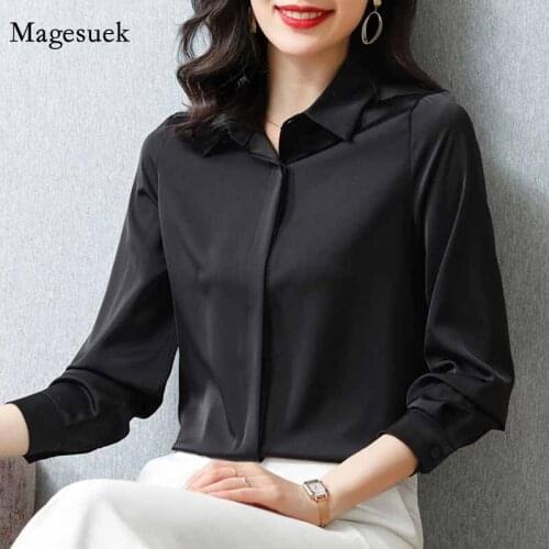 New Spring Silk Satin elegant solid Office Sihrts Turn-down Collar Loose Casual Blouse Women slim Ladies Tops Blusas Mujer 12793
