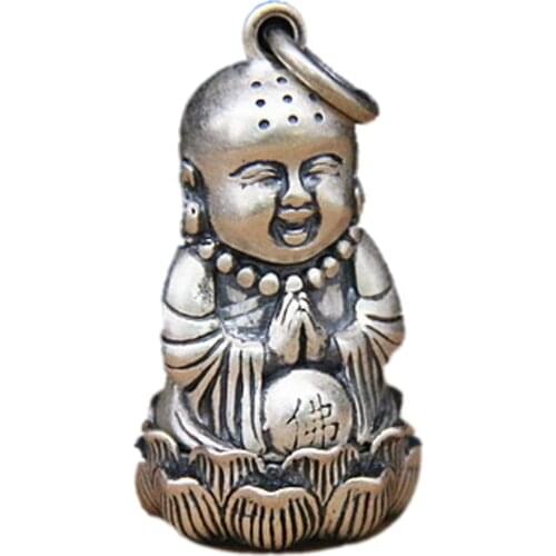 BOCAI New S990 Silver Jewelry Thai Silver Retro Buddha Lotus Pendant Buddhism for Men and Women Matte Gawu Box Pendant
