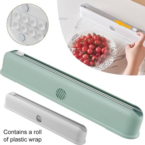 Plastic Cling Film Cutting Box Wrap Dispenser With Slide Cutter Wall-mounted Suction Cup Food Preservation Kitchen Accessories