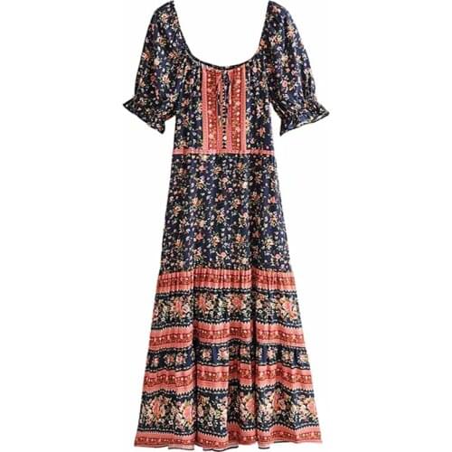 GypsyLady Navy Floral Boho Maxi Dress Autumn Women Long Dresses Button Front Hippie Ethnic Lace Tie Up Girls Holiday beach Dress