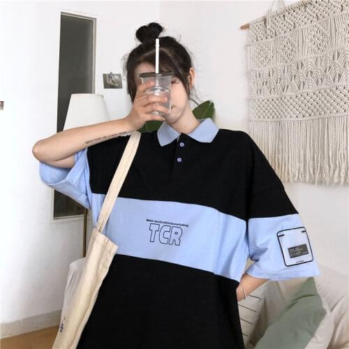 Lapel polo shirt Japanese ins short-sleeved t-shirt female loose Korean student wild BF lazy half-sleeved top tide Streetwear