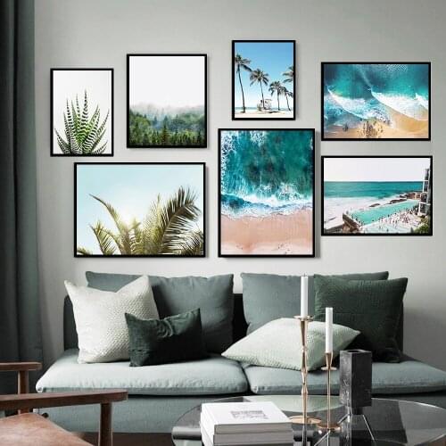 Modern Ocean Print Blue Sea Palm Leaf Landscape Photography Forest Nature Wall Art Digital Pictures No Frame Painting