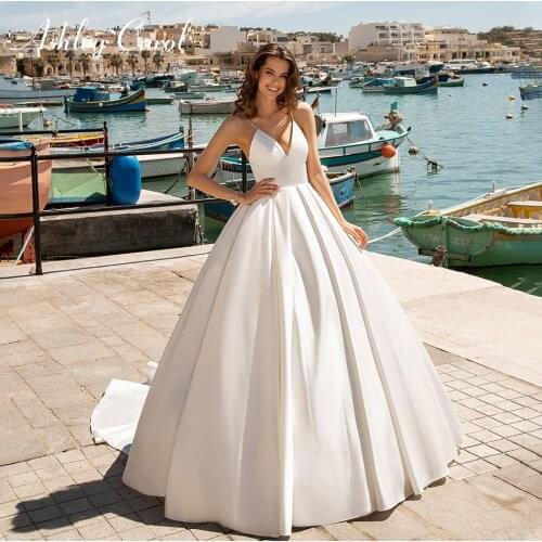 Ashley Carol A-Line Wedding Dress 2021 Elegant Satin V-neck Backless Spaghetti Straps Princess Bridal Dresses Vestido De Noiva