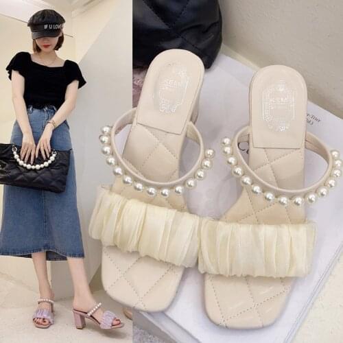 Shoes Slippers Square High Heel Slippers Ladies Slippers Beige High Heel Sandals Fashion Low Comfort 2021purple