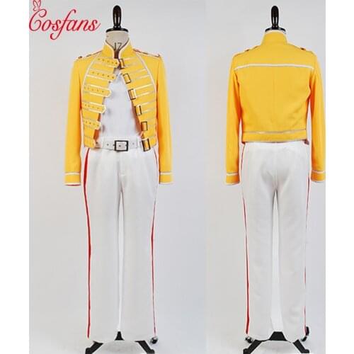 Queen Lead Vocals Freddie Mercury Wembley On Stage men women Cosplay Yellow Jacket White Pant Costume Suit Full Set Halloween