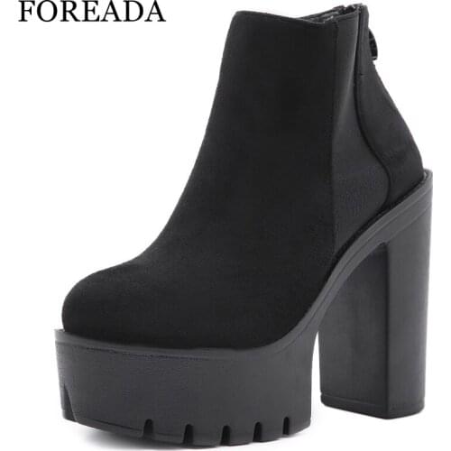 FOREADA Woman Ankle Boots Platform Thick Heel Zipper Shoes Super High Heel Round Toe Ladies Short Boos 2021 Autumn 35-42 Black