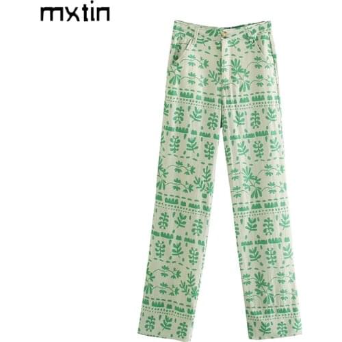 MXTIN 2021 Women Spring Fashion Floral Print Pockets Straight Pants Vintage High Waist Zipper Female Ankle Trousers Pantalones