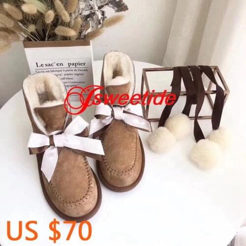 High Quality Sheepskin Fur Lined Women Bow Short Ankle Winter Suede Snow Boots With Keep Warm Shoes
