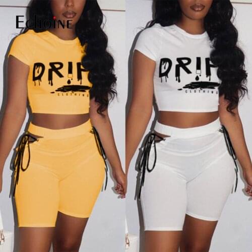 Echoine Summer New Outfits Woman Sexy Print Round Neck Short Sleeve Crop Top With Sides Hollow Lace Up Shorts Slim Two Piece Set