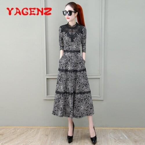 YAGENZ Women Dress Spring Clothes Dresses Women Vestido De Verano Fashion Lace Splice Flowers Long Dress Female High Quality 669