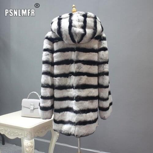 Chinchilla Hood Striped Natural Real Rex Rabbit Fur Coat Winter Outwear Natural Womens Clothing High Quality Elegant Women Coat