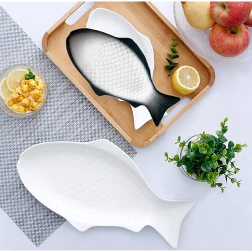 1Pc 11/13/15 Inches Ceramic Tableware Creative Plate Fish Shaped Dish Snack Storage Fish Pan for Restaurant Home Dinner