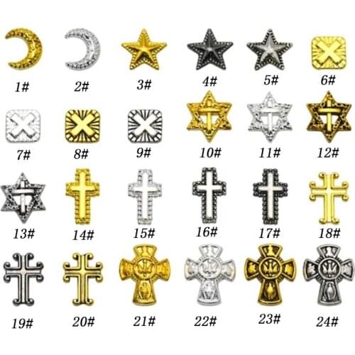10Pcs/Lot Japan Retro Gold Silver Moon Star Cross Square 3D Metal Alloy Nail Art Deco Nail Stickers/Charms/ Tools for Manicure