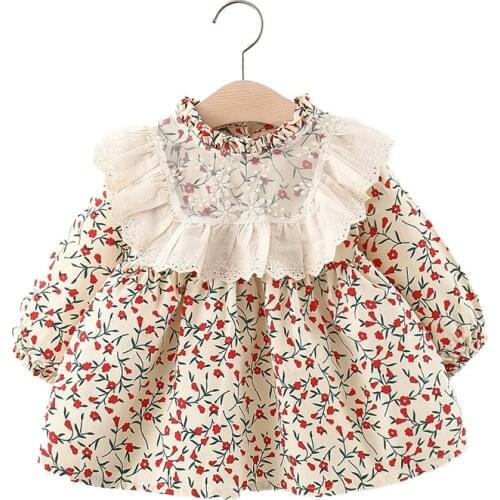 2021 Spring New Style Baby Girls Cotton Lace Patchwork Princess Dresses Toddlers Kids Long Sleeve Floral Printed Dress