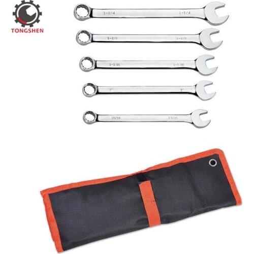 5pce Full Polish Inch Large Size Combination Wrench Set Combination Spanner Ratchet Wrench Set with Tool Bag SAE Ring Wrench