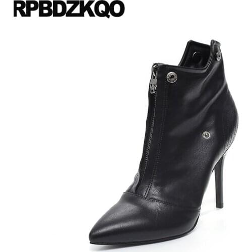 Black Fashion Waterproof Shoes Platform Winter Sexy High Heel Booties Ankle Pointed Toe Side Zip Boots Metal Fur Women Short