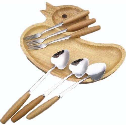 Heart Shape Dessert Scoop Cake Fruit Fork Cutlery Set Wooden Handle Stainless Steel Tableware Set Japanese Dessert Serving Scoop