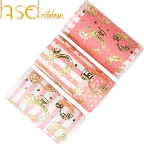 HSDRibbon 75MM 3 inch HSD-Designer make Perfume bottles Gold Foil Printed on HT Grosgrain Ribbon