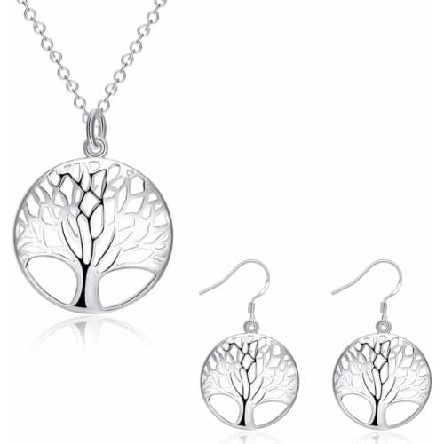 Wisdom Tree Necklace Earring Set 925 Sterling Silver Tree of Life Pendant Necklace and Earrings Christmas Gifts 2pcs Jewelry Set