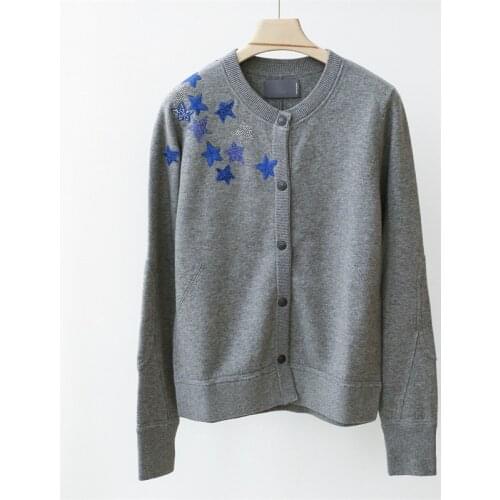 Fashion Gray women Sweaters Jacket 2020 Blue STAR EMBROIDERY CARDIGAN Strass O Neck Front Buttons Long Sleeves Side Cut