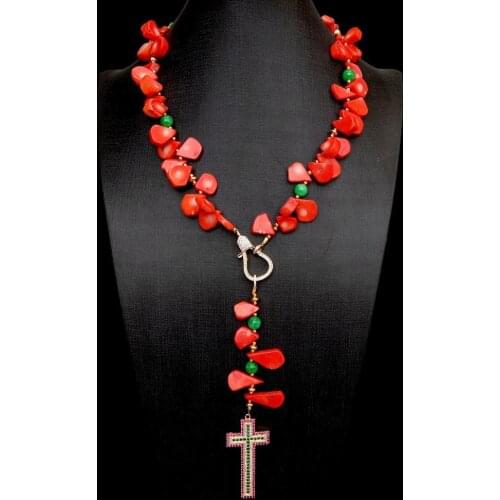 KKGEM 50.8cm Sweater chain Red Coral fan Mary Blessing Rosary Prayer Necklace Green Jade Rosary Prayer Necklace