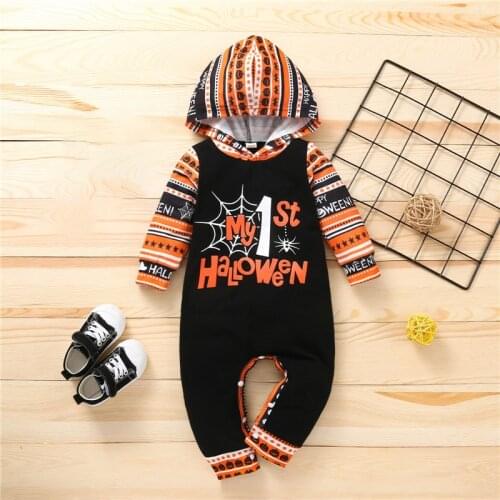 Infant Girl Boy Outfits Hooded Jumpsuit My First Halloween Letter Pumpkin Print Spring Baby Clothing
