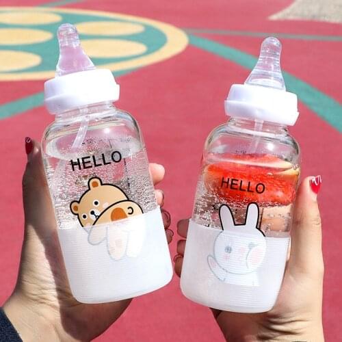 Cute Pacifier Glass Water Bottle With Straw Creative Personality Adult Baby Nipple Bottle Portable Cup Water Bottles For Girls